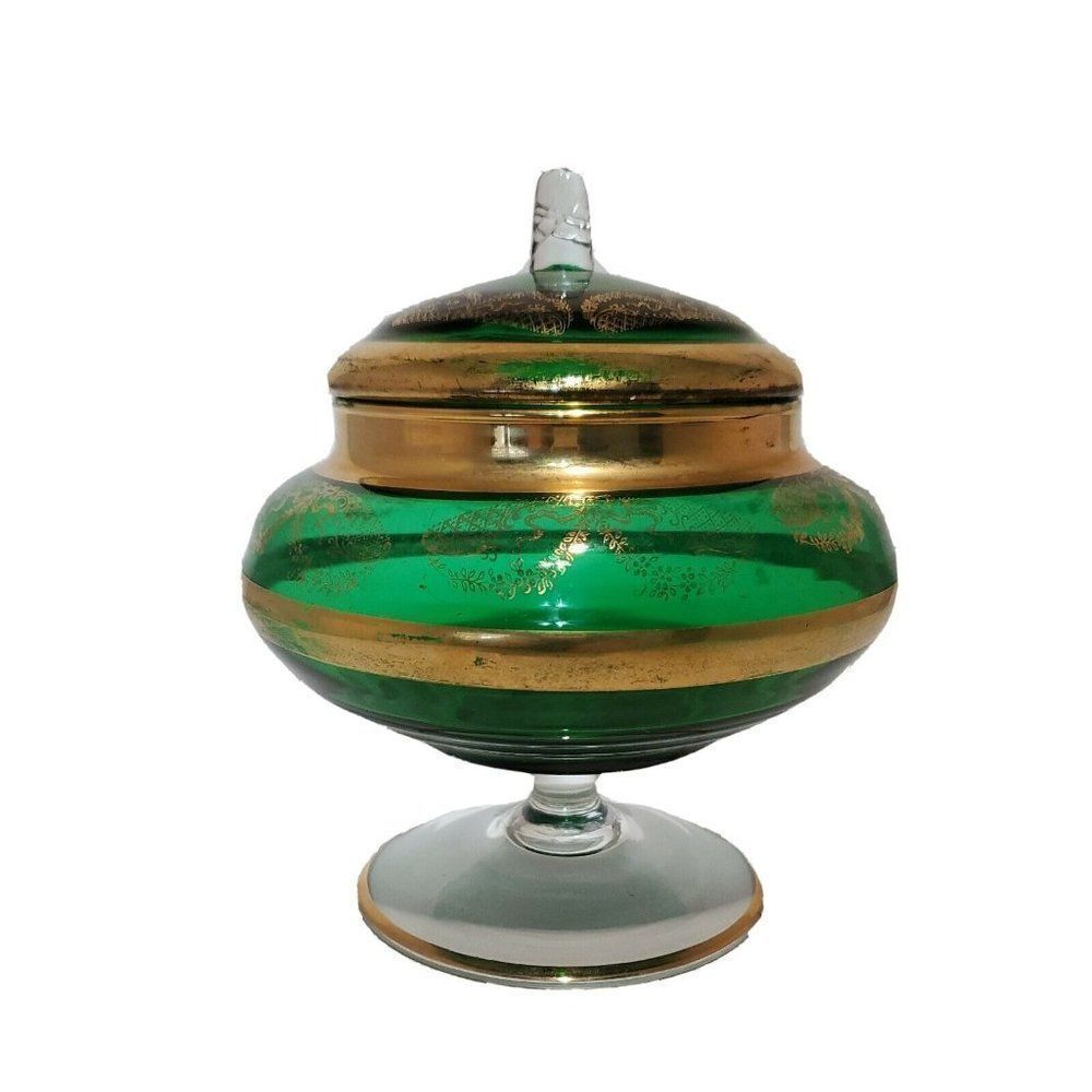 Italian Bohemian Enamel Flowers Emerald Green Pedestal Apothecary Jar 1940s 5"